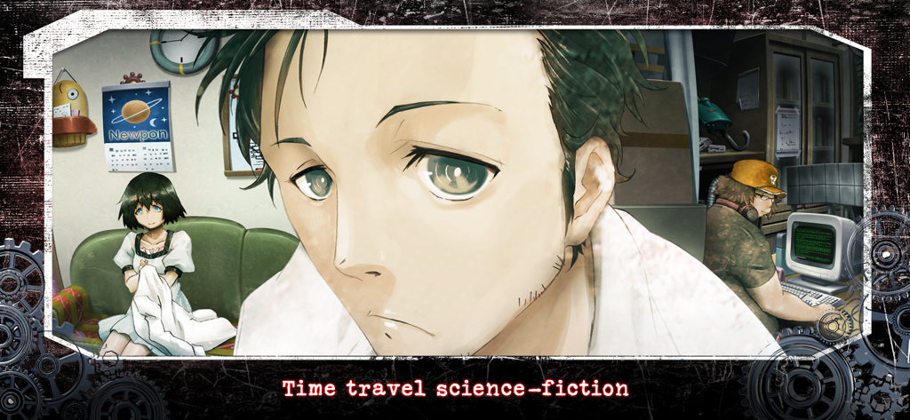 Personajes principales de la novela visual Steins Gate con texto de ciencia ficción sobre viajes en el tiempo