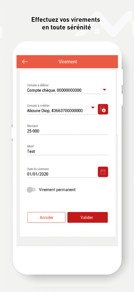 Interface da aplicação CBAO Mobile que mostra um formulário de transferência bancária segura para realizar transações.