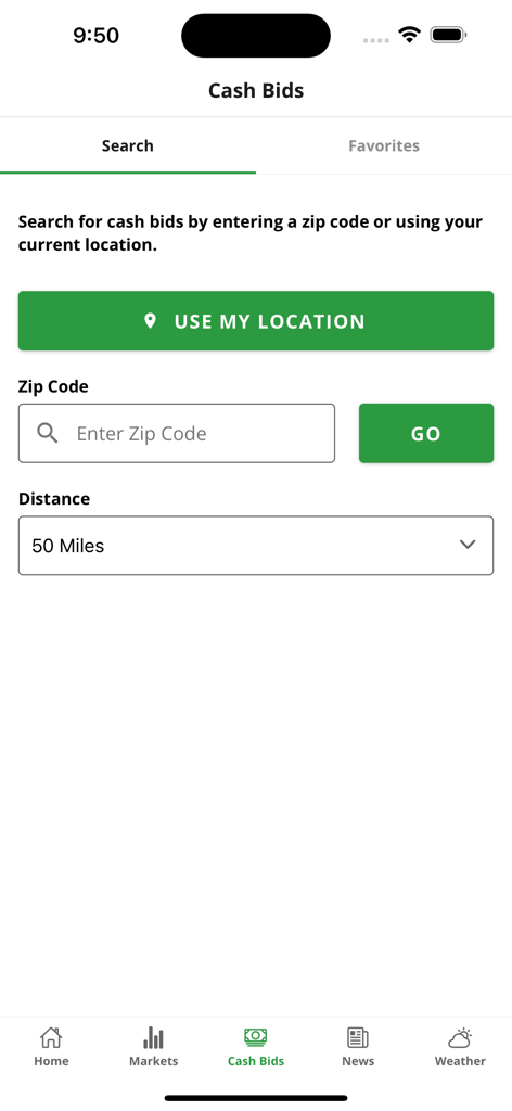 AgMobile - AgMobile app screen for searching local grain cash bids by zip code or location