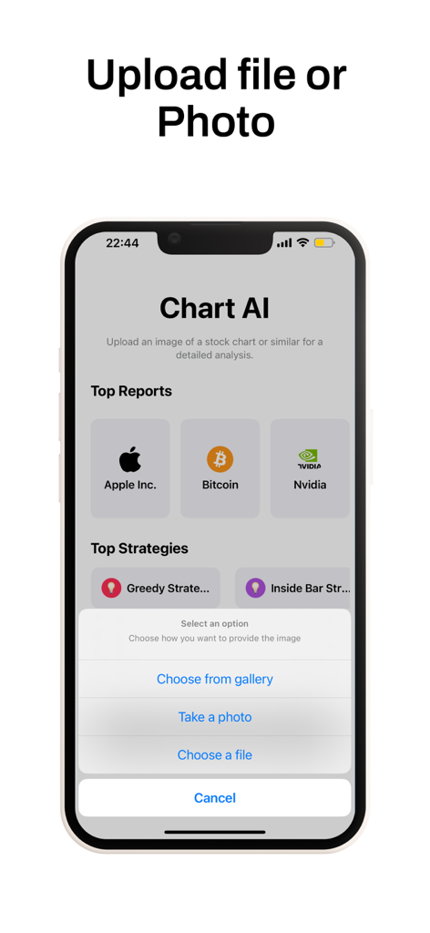Trader AI - Chart Analysis - Trader AI mobile interface showing options to upload or take a photo of a trading chart for AI analysis