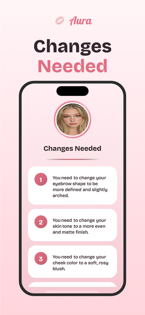 Aura: Your Glow Up Version - Una pantalla móvil de la aplicación Aura que muestra recomendaciones de belleza personalizadas y análisis facial para un cambio de imagen.