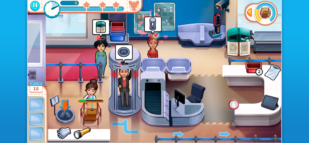 Amber managing passengers at an airport security checkpoint in a time management game