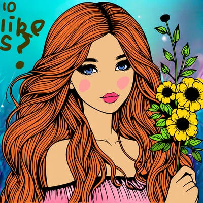 realistic girl with long hair and flowers in hand