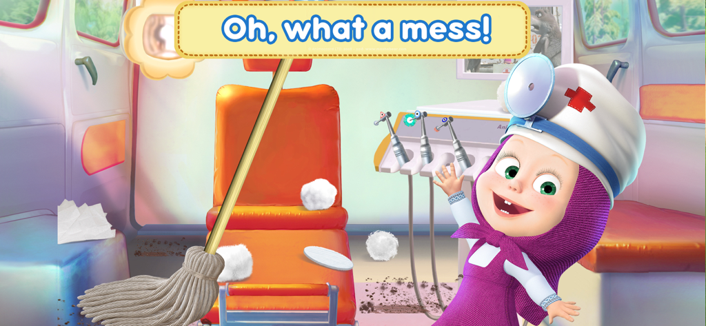 Masha and the Bear Dentist - Masha the Bear dressed as a doctor cleaning a messy dentist clinic with a mop