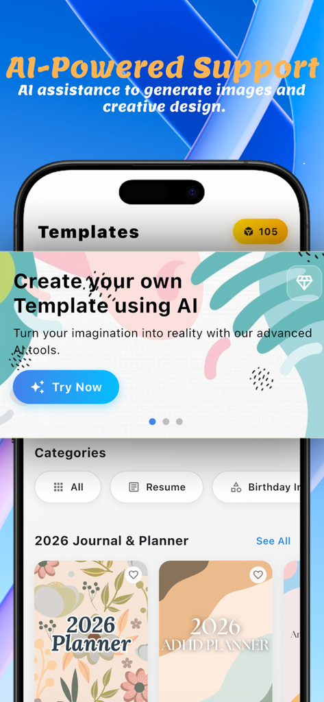 Canvas Template & Design Maker - Interfaz de aplicación móvil que muestra plantillas de diseño impulsadas por IA y categorías de planificación