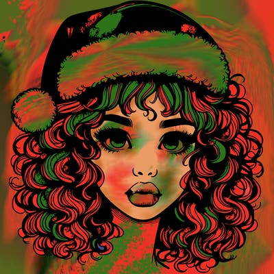 realistic girl with a santa hat curly hair and lips
