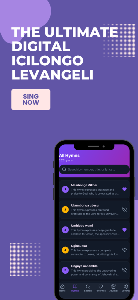 A mobile phone screen showing a list of Zulu hymns in the Icilongo Levangeli app