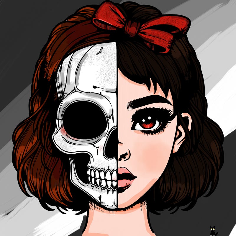 realistic girl with half skull mask