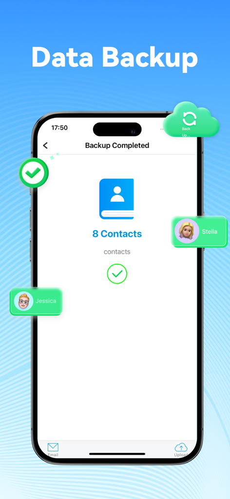 Un'interfaccia smartphone che mostra una schermata di backup dei contatti completata con segni di spunta verdi e un'icona dei contatti.