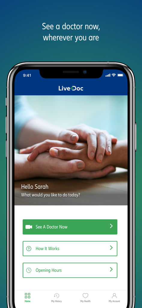 LiveDoc by Health at Hand - LiveDoc app home screen with a personalized greeting and a button to see a doctor now