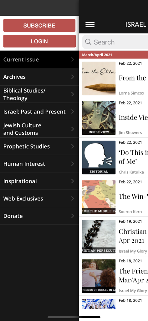 Israel My Glory Magazine - Menu de navigation et flux d'articles dans l'application Israel My Glory Magazine montrant des catégories comme Études Bibliques et Études Prophétiques.