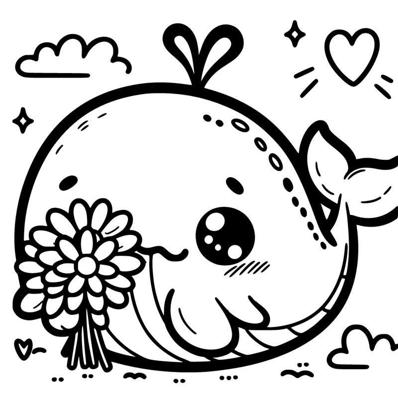 cute kawaii style cartoon  whale holding a bouquet of daisies