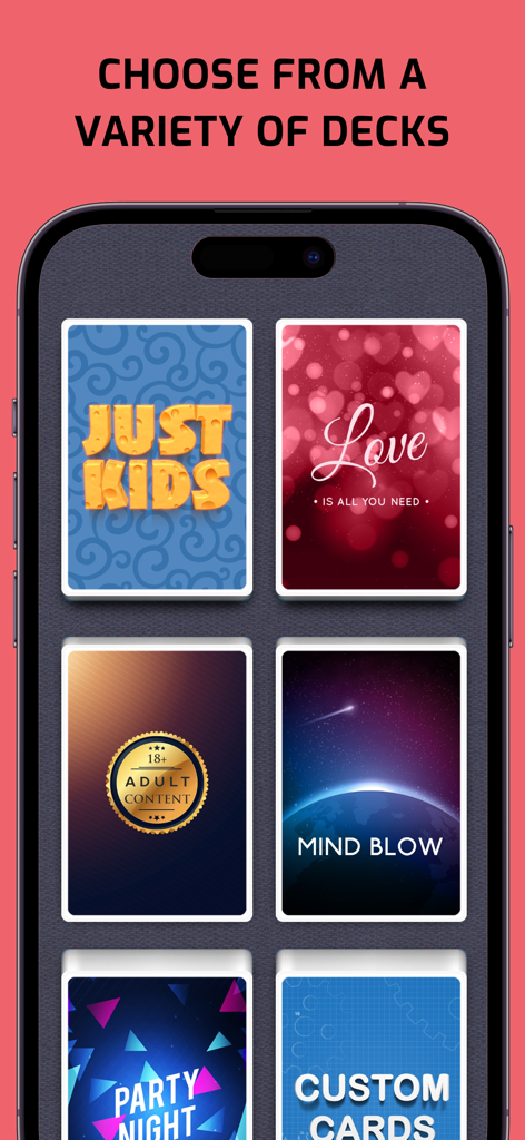 Truth or Dare 2 • Party Game - The Truth or Dare 2 app interface showing various game deck options like Kids Love and Adult Content