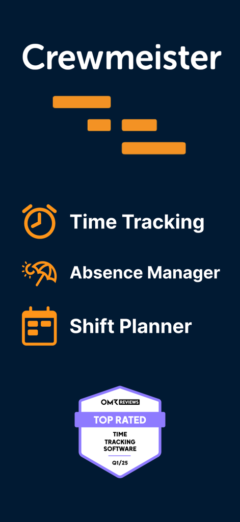 Crewmeister Time Tracking - Crewmeister app interface showing time tracking absence manager and shift planner features with a top rated software badge