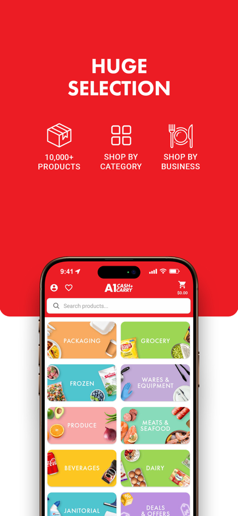 A1 Cash & Carry - A1 Cash and Carry mobile app showing wholesale product categories including grocery frozen and meats