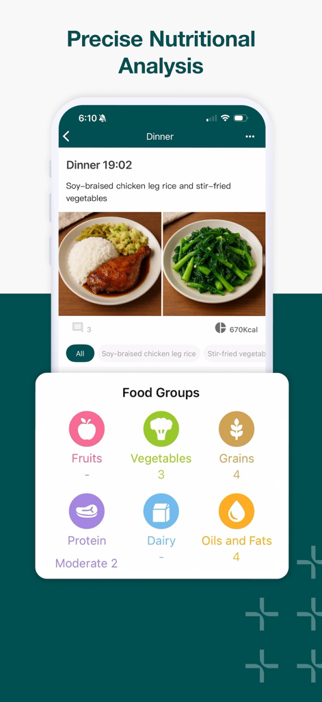 Cofit - 我的專屬營養師 - Cofit app displaying a meal log with detailed nutritional analysis and food group breakdowns