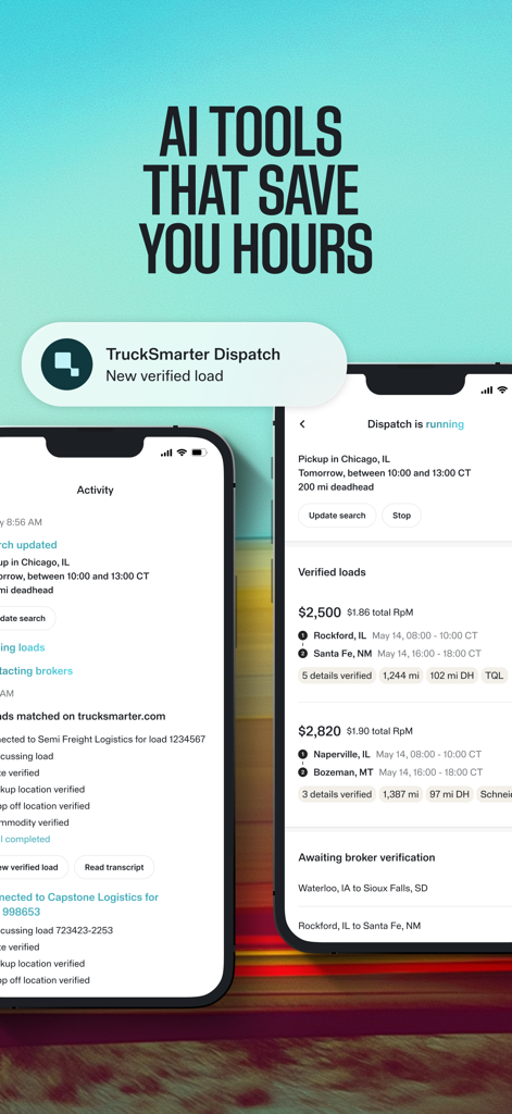 AIディスパッチツールと検証済みのトラック積載リストを表示するTruckSmarterアプリのインターフェース