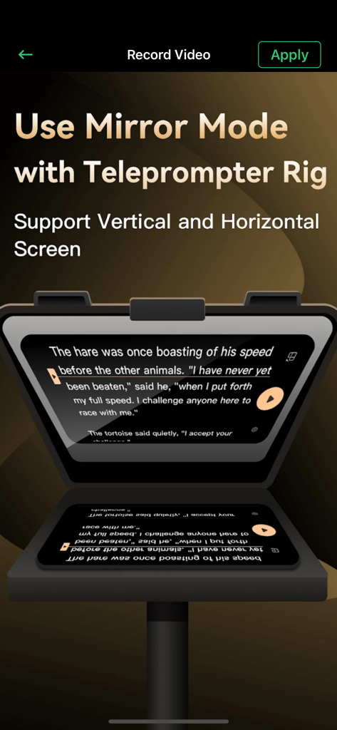 Mirror mode feature for professional teleprompter rigs in the BigV app