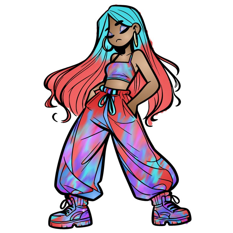 girl in baggy pants crop top and long hair