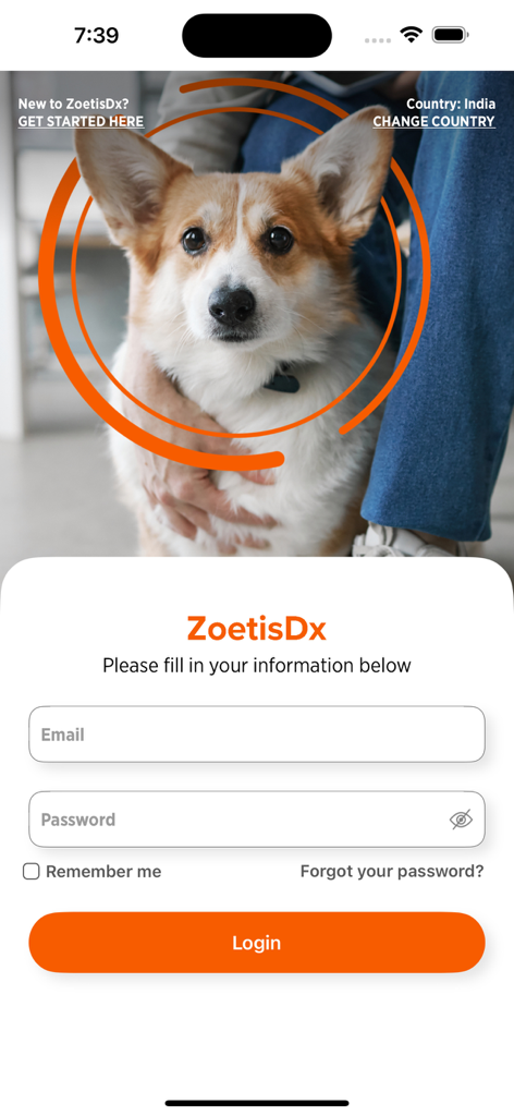 Login screen for the ZoetisDx veterinary diagnostics app featuring an image of a dog and a sign in form