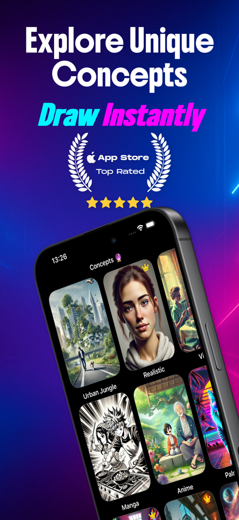 AI Anime Art Generator Villor - Interface de l'application de génération d'art IA présentant des concepts de style manga et anime
