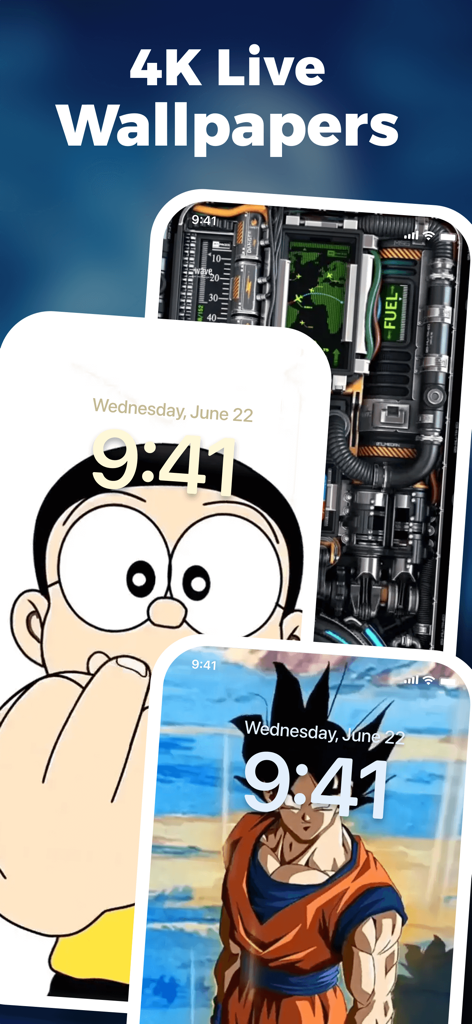 Live Wallpaper: Charging App - Pantallas de bloqueo de iPhone que muestran diversos fondos de pantalla animados en 4K que incluyen personajes de anime y temas mecánicos.