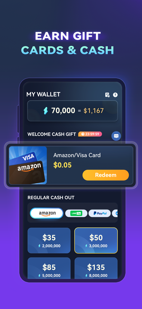 WiseLife: Step & Health - WiseLife app wallet screen showing points balance and options to redeem cash rewards via Amazon Visa and PayPal