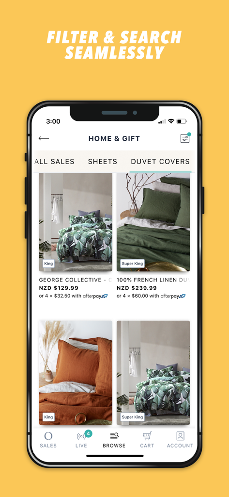 Onceit app home and gift category interface showing duvet covers and filtering options