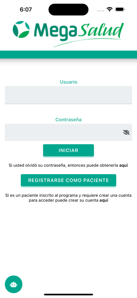 MegaSalud - Pantalla de inicio de sesión de la aplicación MegaSalud con campos de nombre de usuario y contraseña y botón de registro de paciente
