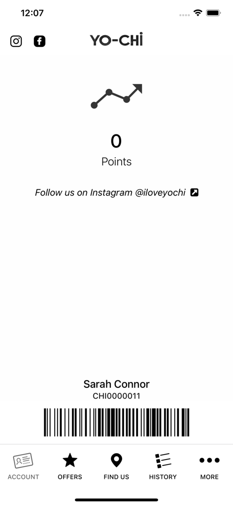 YoChi app interface showing the digital Chi Club loyalty card with reward points and a barcode for scanning