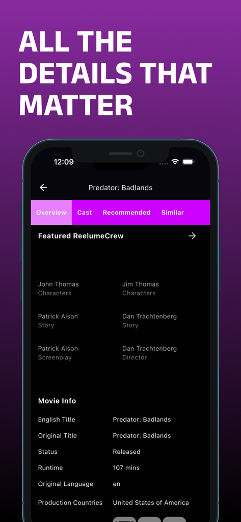 Oberfläche der Lok l0k App, die detaillierte Filminformationen, einschließlich Besetzung und Produktionsdetails für den Film Predator Badlands, anzeigt