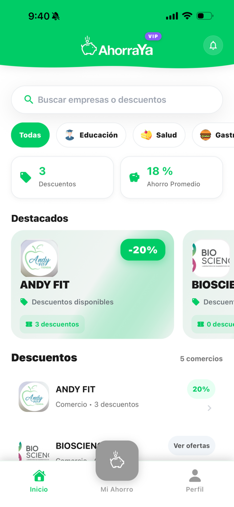 Ahorra Ya - Pantalla de inicio de la app móvil Ahorra Ya mostrando descuentos y categorías de tiendas destacadas en español
