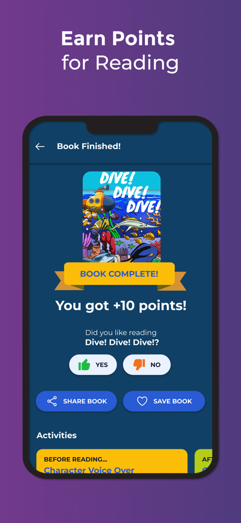 Screen from BookSmart app showing rewards and points earned after finishing a digital children book