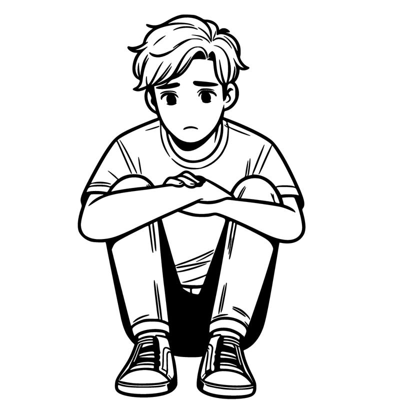 teen boy, sitting down with knees to his chest, sad
