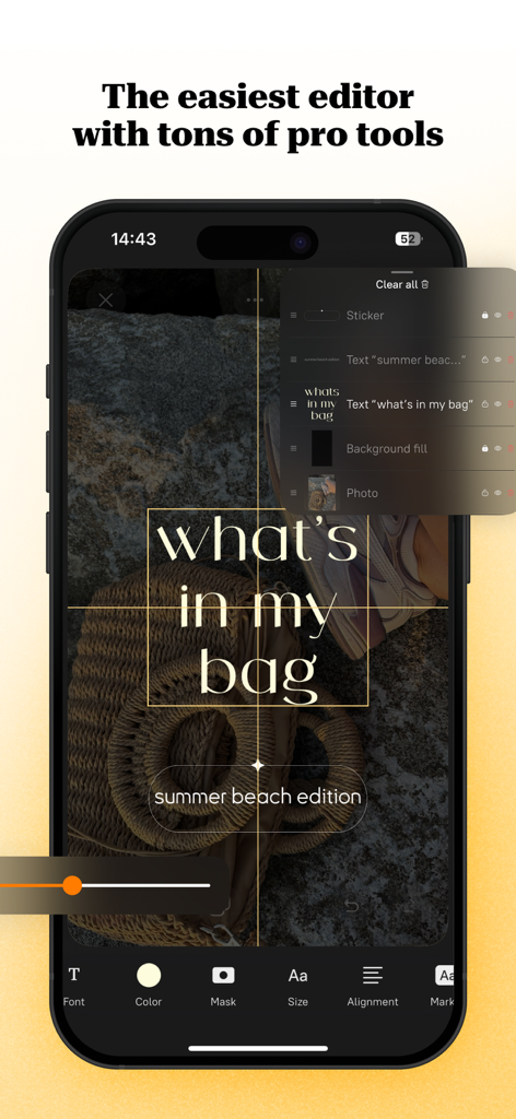 Add text to photo: Pastel - テキストレイヤーとプロフェッショナルなデザインツールで編集中の写真が表示されたPastelアプリのモバイルインターフェース