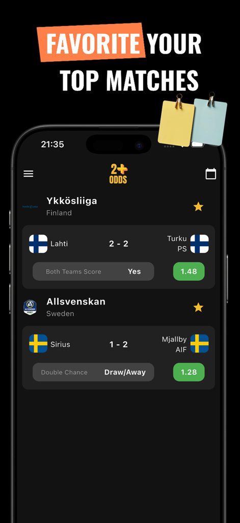 Mobile app interface of 2+ Odds Predictions showing favorited soccer matches and betting tips