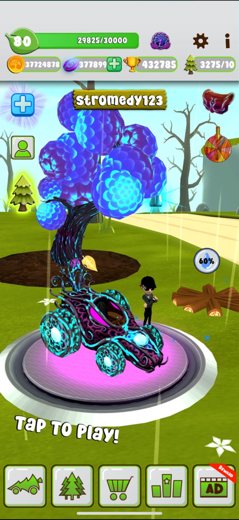 Speed For Trees - Main menu of the Speed For Trees app showing a futuristic glowing car and gameplay stats