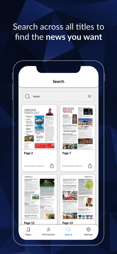 Search screen in the InterGame app displaying digital magazine pages related to gaming industry news.