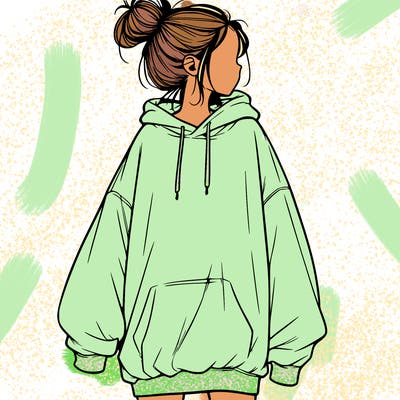 realistic girl with a oversized sweatshirt on and a bun