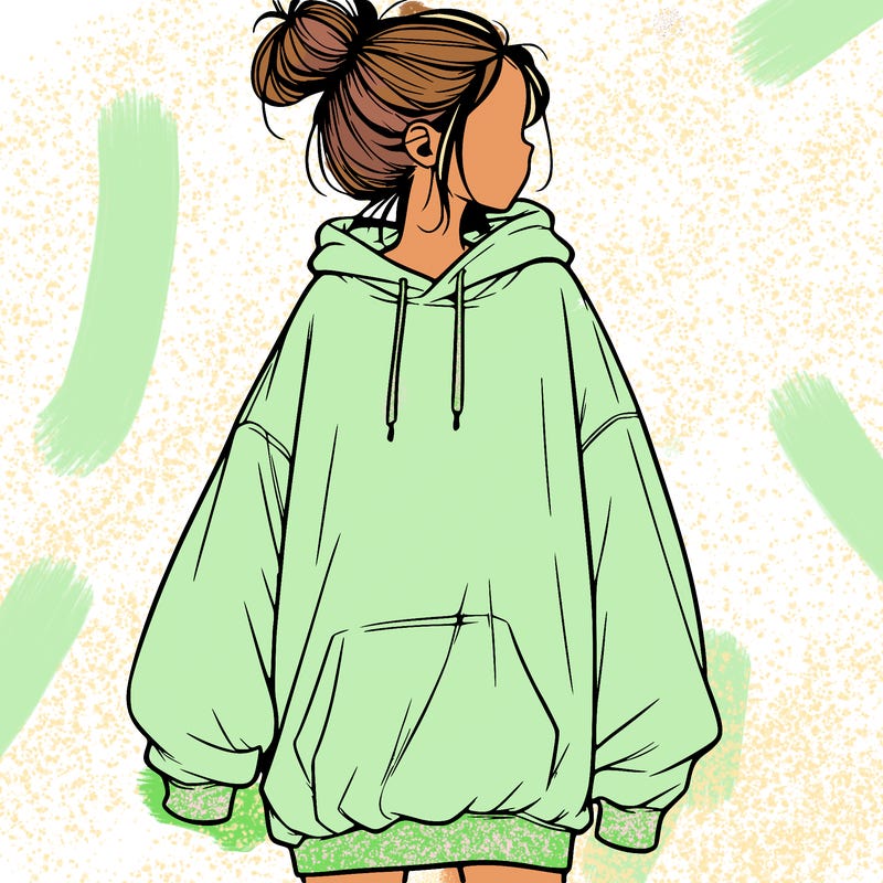 realistic girl with a oversized sweatshirt on and a bun