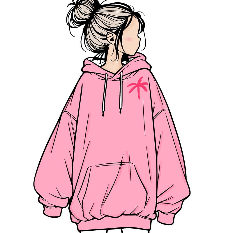 realistic girl with a oversized sweatshirt on and a bun