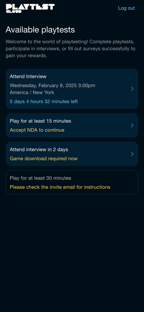 PlaytestCloud: Be a Playtester - Dashboard view of the PlaytestCloud app showing a list of available game playtests and scheduled interviews