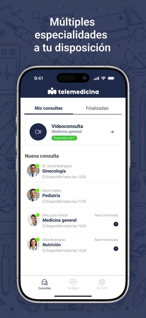 Telemedicina PEP - Interface do aplicativo móvel Telemedicina PEP mostrando uma lista de médicos disponíveis em especialidades como pediatria, ginecologia e nutrição.