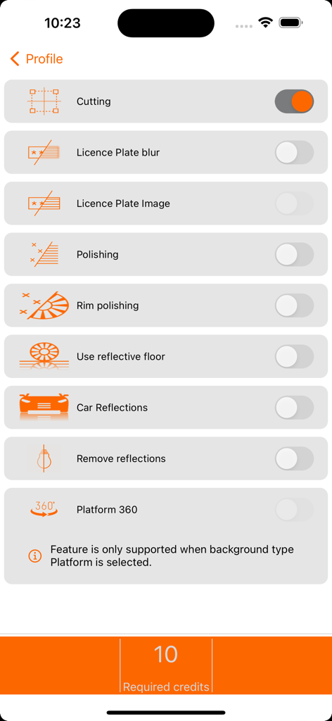 Carmera - Interface of the Carmera app showing a list of professional vehicle photo enhancement options including license plate blurring and rim polishing