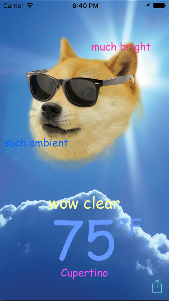 Doge Weather - Doge meme wearing sunglasses on a sunny weather screen showing 75 degrees Fahrenheit in Cupertino