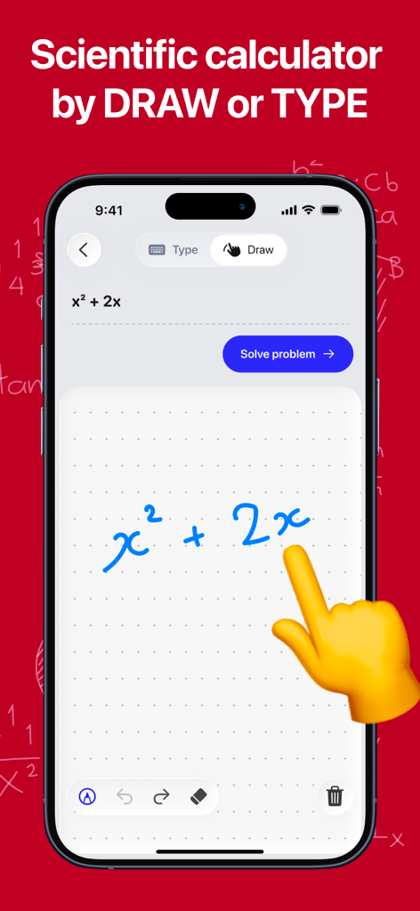Interfaz de calculadora científica que muestra una mano dibujando una ecuación matemática en una cuadrícula digital para resolución instantánea.