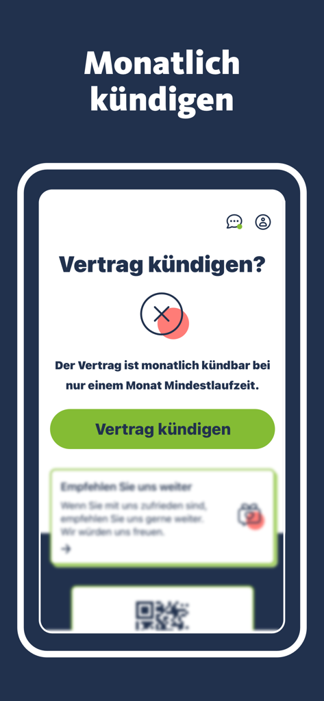 freenet Internet app interface showing the cancel contract screen with a green button and monthly termination information.