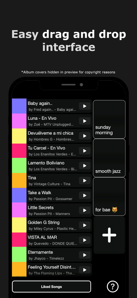 Captura de pantalla de la app Playlist Maker for Spotify que muestra una interfaz de arrastrar y soltar para organizar canciones en playlists