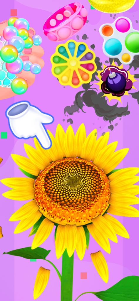 Squishy Fidget Toys - Unbox It - Colorful pop it toys and a large sunflower in the Squishy Fidget Toys mobile game