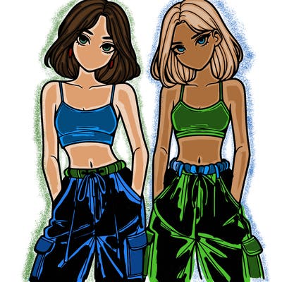 two girls with crop top with baggy pants